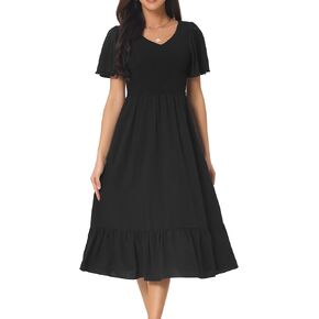 Women's Summer Casual Dresses V Neck Ruffle Sleeve Smocked High Waist Midi Dress with Pockets