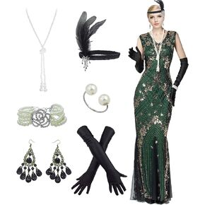 Women Evening Dress 1920s Floral Sequin Mermaid Hem Maxi Long Formal Ball Gown with 20s Accessories Set