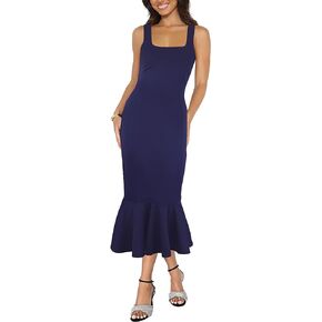 Women's Elegant Midi Bodycon Dress Sleeveless Square Neck Backless Ruffle Hem Mermaid Formal Cocktail Dresses