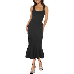 فستان نسائي أنيق ميدي Bodycon بدون أكمام ورقبة مربعة بدون ظهر وحاشية مكشكشة حورية البحر فساتين كوكتيل رسمية