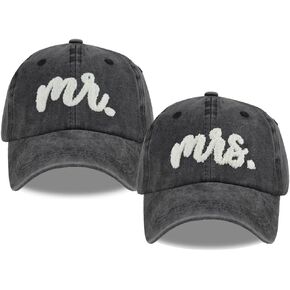 2PCS MR MRS Couples Dad Hats, Embroidered Adjustable Washed Cotton Honeymoon Wedding Baseball Caps