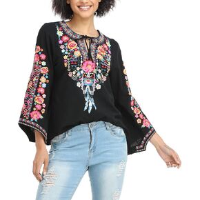 YZXDORWJ Women's Mexican Long Sleeve Blouse Embroidered Traditional V Neck Top Boho Tunic