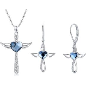 Midir&Etain أجنحة الملاك الصليب قلادة / أقراط للنساء الفتيات 925 الفضة الاسترليني الأزرق القلب كريستال الجارديان الملاك قلادة الصليب قلادة تميمة مجوهرات هدايا in Kuwait