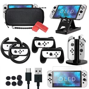 TALK WORKS Super Combo Pack Accessories for Nintendo Switch OLED - 2 Grips, 2 Wheel Controller Grips, 2 Game Card Holders, 1 Charging Dock, Thumb Grips, USB-C Cable, Universal Stand, Screen Protector