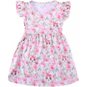 Toddler Kids Girls Easter Dress Bunny Easter Eggs Flutter Sleeve Outfits 3-8Y