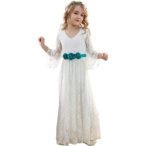 Bow Dream Vintage Boho Lace Flower Girl Dress for Wedding Long Sleeves Pageant First Communion 2T to 12 Years Old