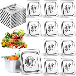 10 Pack 1/6 Size Steam Table Pan Covers Universal Handled Food Pan Lid Stainless Steel Pan Lid with Handle Restaurant Commercial Hotel Food Pan Cover 7 x 6.5 Inch for Food Fruits Vegetables