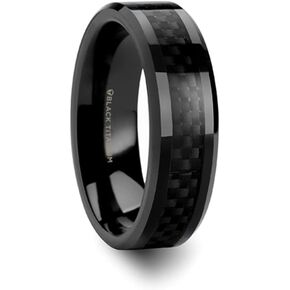 Mens Black Titanium Black Carbon Fiber Inlaid Wedding Ring - Polished Beveled Comfort Fit - 6mm 8mm Wide - Style name: OXYN
