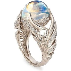Rainbow Moon Stone Rings Victorian Style Gemstone Solitaire Round Moonstone Cocktail Ring for Women, Angel Wings Wedding Engagement Rings (US size 9)