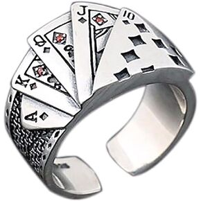 Retro Poker Games Ring for Men, Adjustable Vintage Spade Flush Playing Cards Statement Band Rings, Opening Punk Gambling Punk Cool Extendable Knuckle Casino Ring Biker Graduation Jewelry for Women Men