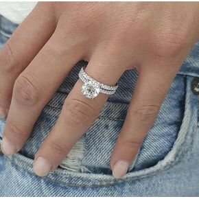 2Pcs 925 Sterling Silver Diamond Rings Set for Couple, Charming Temperament Statement Stackable Jewelry Gift for Her, CZ Stone Halo Promise Wedding Engagement Rings Size 9