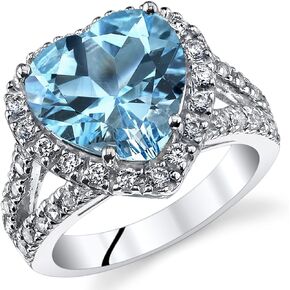PEORA Swiss Blue Topaz Signature Heart Ring for Women 925 Sterling Silver, Natural Gemstone Birthstone, Large 5.25 Carats Heart Shape 11mm, Sizes 5 to 9