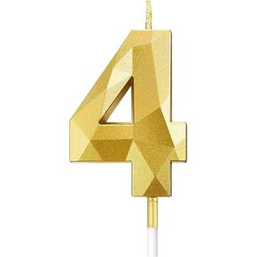 2.76 Inches Birthday Cake Number Candle, Golden 3D Diamond Shape Glitter Numeral Topper Decoration for Wedding Anniversary, Home Baking，Kids and Adults Birthday Party Celebration (Number 3)
