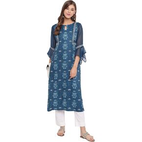 Janasya Teal Poly Crepe Kurta For Women