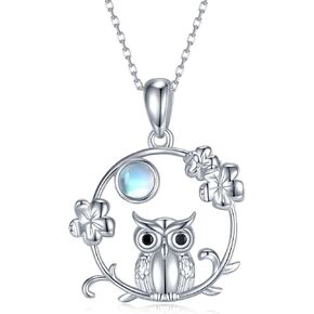 Owl Necklace for Women,925 Sterling Silver Moon And Flower Pendant Necklaces with Moonstone,Animal Owl Jewelry Gifts for Girls Teens Wife Girlfriend,18''-20''