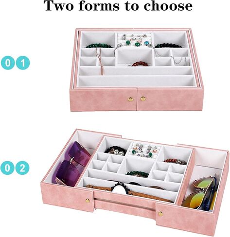درج منظم المجوهرات، إدراجات تخزين حامل مجوهرات مخملية قابلة للسحب، علبة عرض مجوهرات قابلة للتكديس لملحقات تكديس خزانة الملابس (وردي) in Kuwait