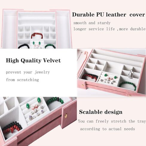 درج منظم المجوهرات، إدراجات تخزين حامل مجوهرات مخملية قابلة للسحب، علبة عرض مجوهرات قابلة للتكديس لملحقات تكديس خزانة الملابس (وردي) in Kuwait