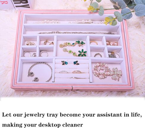 درج منظم المجوهرات، إدراجات تخزين حامل مجوهرات مخملية قابلة للسحب، علبة عرض مجوهرات قابلة للتكديس لملحقات تكديس خزانة الملابس (وردي) in Kuwait