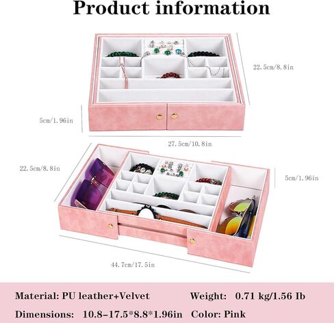 درج منظم المجوهرات، إدراجات تخزين حامل مجوهرات مخملية قابلة للسحب، علبة عرض مجوهرات قابلة للتكديس لملحقات تكديس خزانة الملابس (وردي) in Kuwait