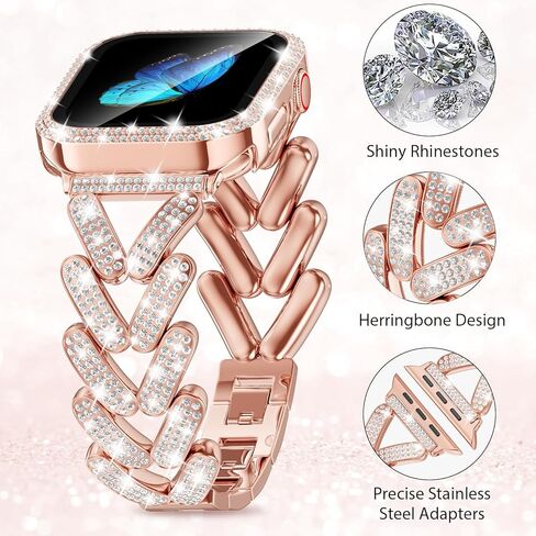 KOREDA Bling Bands with Case Compatible for Apple Watch Band 40mm 41mm iWatch Series 9/8/7/6/5/4/SE, Luxury Sparkle Jewelry Diamonds Metal Bracelet Strap with Screen Protector Case for Women in Saudi Arabia