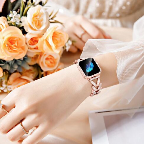 KOREDA Bling Bands with Case Compatible for Apple Watch Band 40mm 41mm iWatch Series 9/8/7/6/5/4/SE, Luxury Sparkle Jewelry Diamonds Metal Bracelet Strap with Screen Protector Case for Women in Saudi Arabia