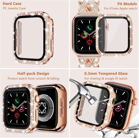 KOREDA Bling Bands with Case Compatible for Apple Watch Band 40mm 41mm iWatch Series 9/8/7/6/5/4/SE, Luxury Sparkle Jewelry Diamonds Metal Bracelet Strap with Screen Protector Case for Women in Saudi Arabia