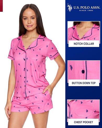 U.S. Polo Assn. Summer Pajamas for Women - Short Sleeve Button Up Top and PJ Shorts Set - Lounge Sets for Women in Saudi Arabia