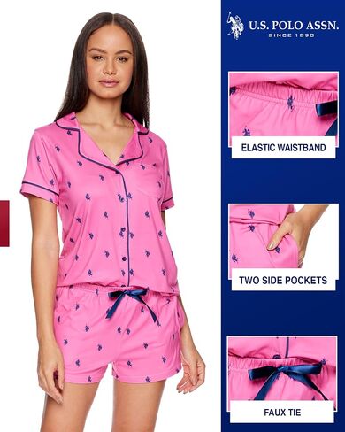 U.S. Polo Assn. Summer Pajamas for Women - Short Sleeve Button Up Top and PJ Shorts Set - Lounge Sets for Women in Saudi Arabia