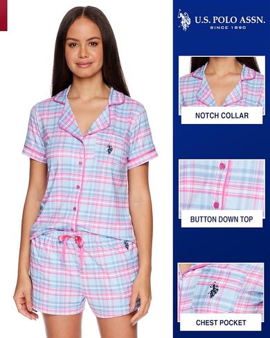 U.S. Polo Assn. Summer Pajamas for Women - Short Sleeve Button Up Top and PJ Shorts Set - Lounge Sets for Women in Saudi Arabia