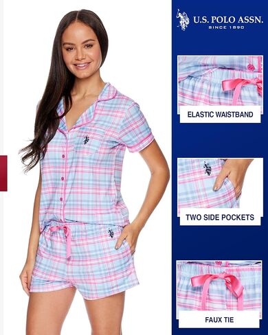 U.S. Polo Assn. Summer Pajamas for Women - Short Sleeve Button Up Top and PJ Shorts Set - Lounge Sets for Women in Saudi Arabia