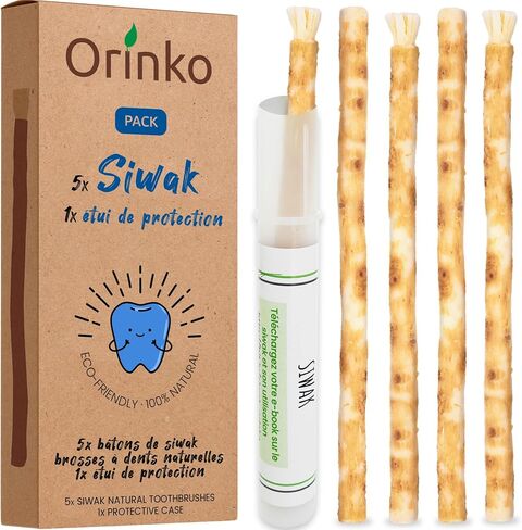 5 Miswak Sticks for Teeth + Protection Holder - 100% Natural Miswak Toothbrush - Cleaning, Disinfecting and Whitening - Salvadora Persica Stick Ecological, Biodegradable and Vegan - Ebook Provided in Saudi Arabia