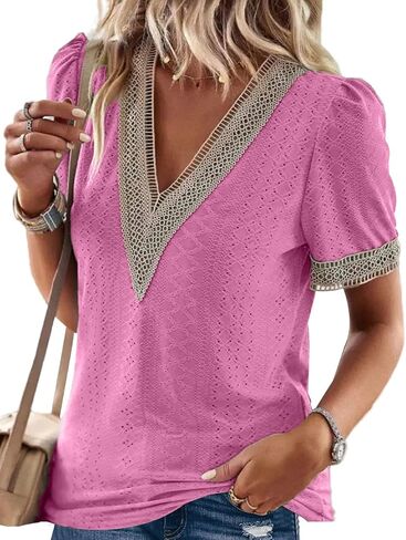 Womens Guipure Lace Panel V Neck Short Sleeve Tops Eyelet Embroidery Blouses Tunic Shirts in Saudi Arabia