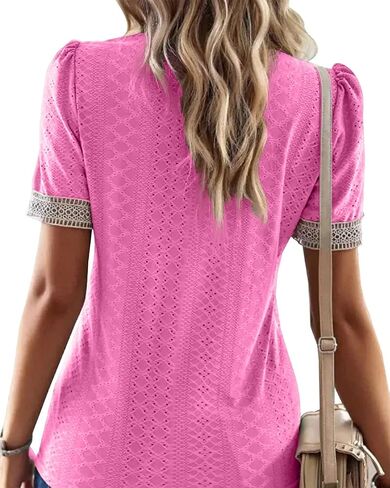 Womens Guipure Lace Panel V Neck Short Sleeve Tops Eyelet Embroidery Blouses Tunic Shirts in Saudi Arabia