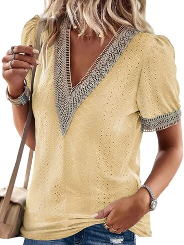 Womens Guipure Lace Panel V Neck Short Sleeve Tops Eyelet Embroidery Blouses Tunic Shirts in Saudi Arabia