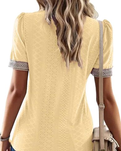 Womens Guipure Lace Panel V Neck Short Sleeve Tops Eyelet Embroidery Blouses Tunic Shirts in Saudi Arabia