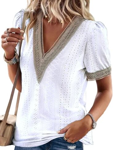 Womens Guipure Lace Panel V Neck Short Sleeve Tops Eyelet Embroidery Blouses Tunic Shirts in Saudi Arabia