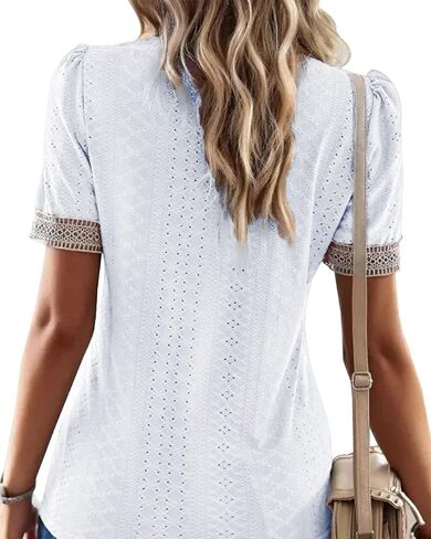 Womens Guipure Lace Panel V Neck Short Sleeve Tops Eyelet Embroidery Blouses Tunic Shirts in Saudi Arabia