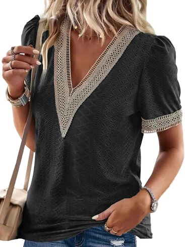 Womens Guipure Lace Panel V Neck Short Sleeve Tops Eyelet Embroidery Blouses Tunic Shirts in Saudi Arabia