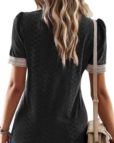 Womens Guipure Lace Panel V Neck Short Sleeve Tops Eyelet Embroidery Blouses Tunic Shirts in Saudi Arabia