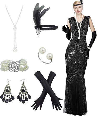 Women Evening Dress 1920s Floral Sequin Mermaid Hem Maxi Long Formal Ball Gown with 20s Accessories Set in Saudi Arabia