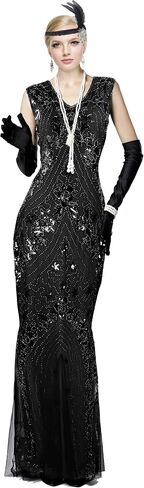 Women Evening Dress 1920s Floral Sequin Mermaid Hem Maxi Long Formal Ball Gown with 20s Accessories Set in Saudi Arabia