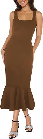 فستان نسائي أنيق ميدي Bodycon بدون أكمام ورقبة مربعة بدون ظهر وحاشية مكشكشة حورية البحر فساتين كوكتيل رسمية in Saudi Arabia