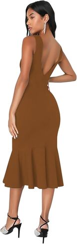 فستان نسائي أنيق ميدي Bodycon بدون أكمام ورقبة مربعة بدون ظهر وحاشية مكشكشة حورية البحر فساتين كوكتيل رسمية in Saudi Arabia