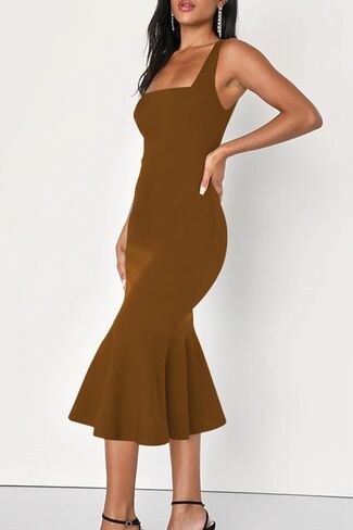 فستان نسائي أنيق ميدي Bodycon بدون أكمام ورقبة مربعة بدون ظهر وحاشية مكشكشة حورية البحر فساتين كوكتيل رسمية in Saudi Arabia