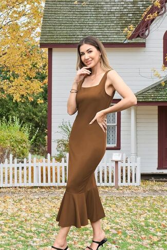 فستان نسائي أنيق ميدي Bodycon بدون أكمام ورقبة مربعة بدون ظهر وحاشية مكشكشة حورية البحر فساتين كوكتيل رسمية in Saudi Arabia