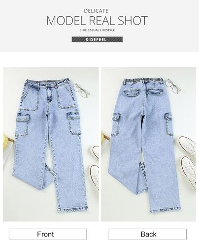 Sidefeel Women Wide Leg Cargo Jeans High Waisted Stretch Denim Pants with Flap Pockets in Saudi Arabia