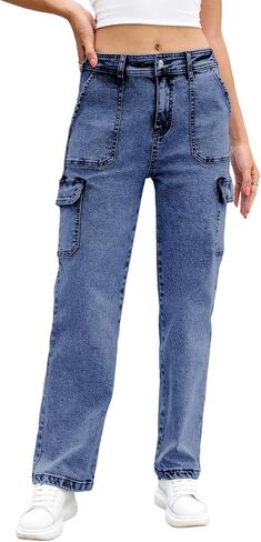 Sidefeel Women Wide Leg Cargo Jeans High Waisted Stretch Denim Pants with Flap Pockets in Saudi Arabia