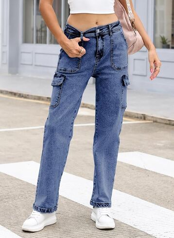 Sidefeel Women Wide Leg Cargo Jeans High Waisted Stretch Denim Pants with Flap Pockets in Saudi Arabia