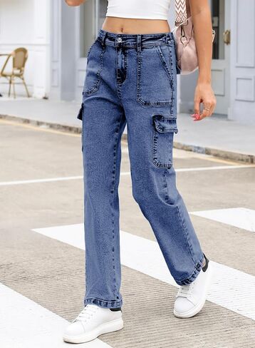 Sidefeel Women Wide Leg Cargo Jeans High Waisted Stretch Denim Pants with Flap Pockets in Saudi Arabia