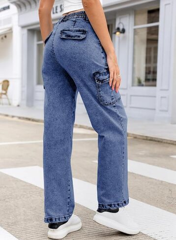 Sidefeel Women Wide Leg Cargo Jeans High Waisted Stretch Denim Pants with Flap Pockets in Saudi Arabia